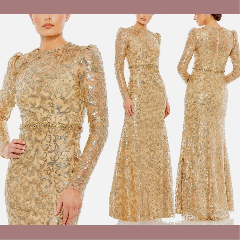NWT $698 Mac Duggal [‎ 24 ] Embellished High Neck Long Sleeve Gown in Gold